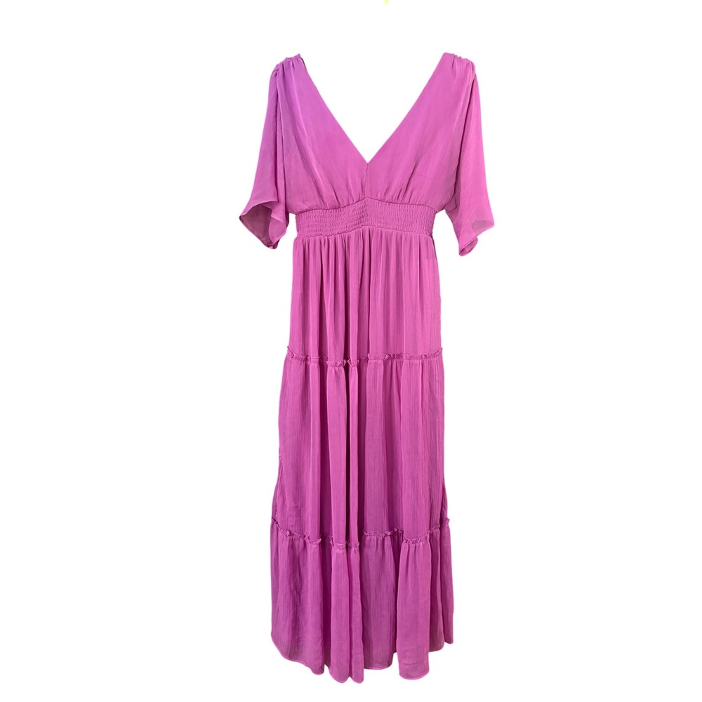 Venus Orchid Purple Tiered Maxi Dress Smocked Waist V-Neck Flutter Sleeve XS
